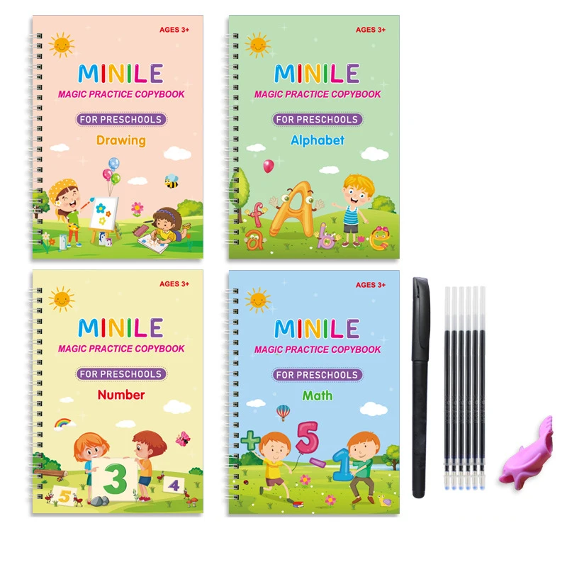 

4 Books + Pen New Rub-Free Children's Toy Writing Sticker Hard Pen Groove English Copybook Can Be Reused Practice Copybook