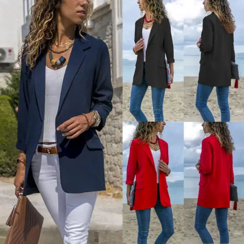 

Women Slim Fit Rull Up 3/4 Sleeves Work Office Lady Blazer Jackets Coat Casual Open Front Suit Outwear