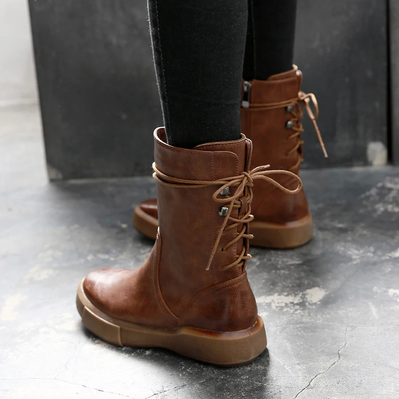 Ботинки до середины икры в стиле ретро женская зимняя обувь повседневные ботинки