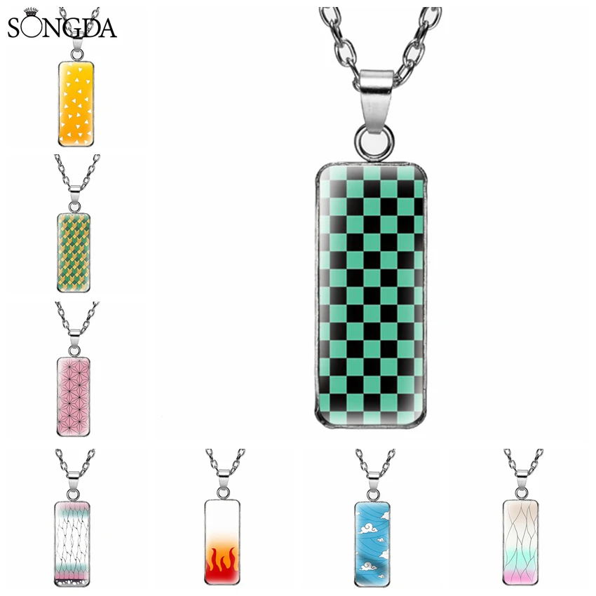 

Anime Demon Slayer Necklace Pendant Kimetsu No Yaiba Rectangular Glass Cartoon Neck Chains Cosplay Fans Decorations Jewelry Gift