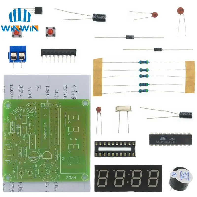 AT89C2051 Digital 4 Bits Electronic Clock Production Suite DIY Kit | Электронные компоненты и принадлежности