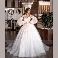 wedding dress new ball gowns detachable puff sleeves glitter appliques off the shoulder tulle boho bridal gown vestito da sposa
