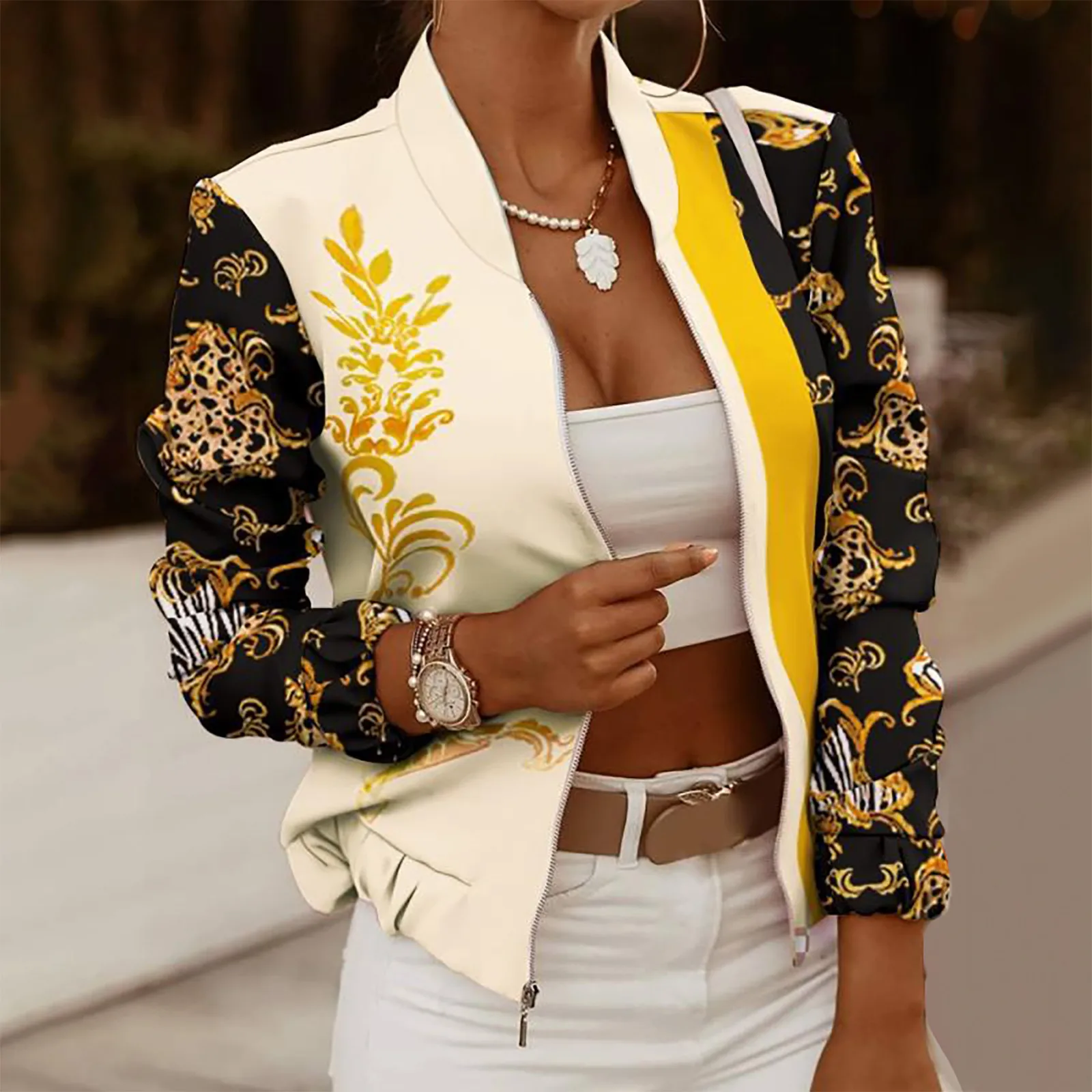 

Модные Винтажные куртки с принтом для женщин, куртки на молнии с длинным рукавом для женщин, осенние куртки, женская уличная одежда chaquetas