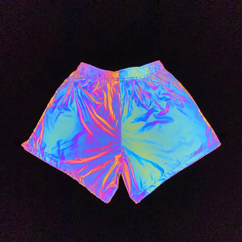 

Dropshipping women summer rainbow color reflective shorts elastic waist nightclub stage costume woman casual loose short pants