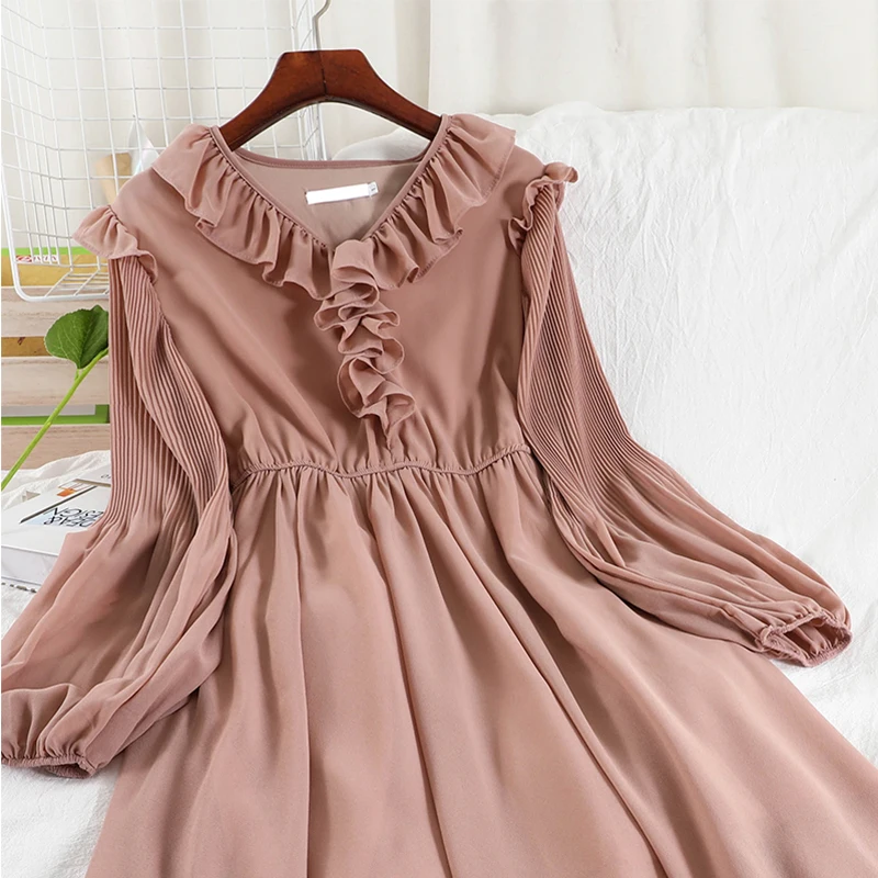 

LoveFlowerLife New Spring Autumn Casual Solid Lady Party Dress A Line V Neck Full High Waist Mid Calf Women Dresses