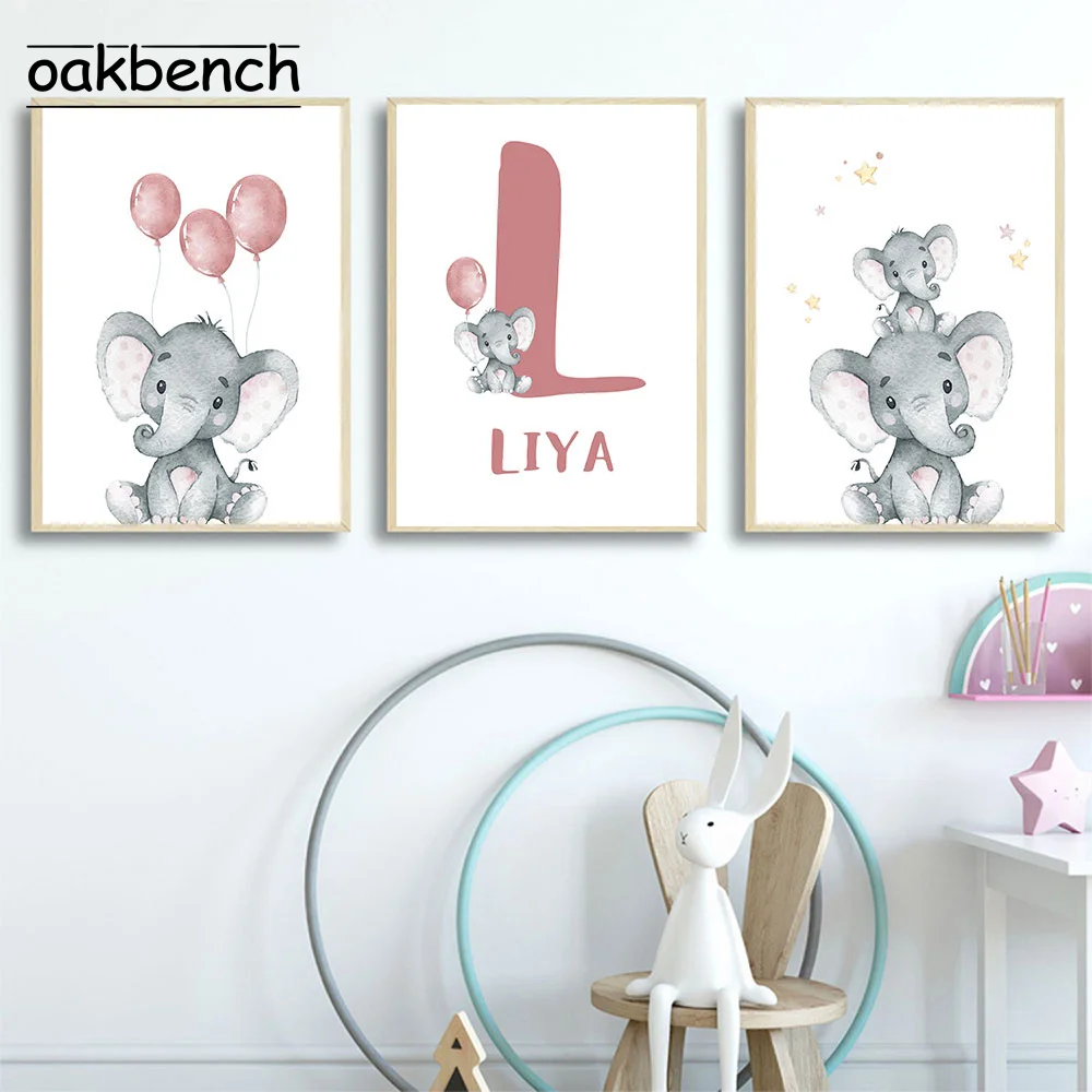 

Balloon Elephant Poster Custom Name Canvas Painting Nursery Wall Art Prints Nordic Wall Pictures Baby Kids Room Home Decoration