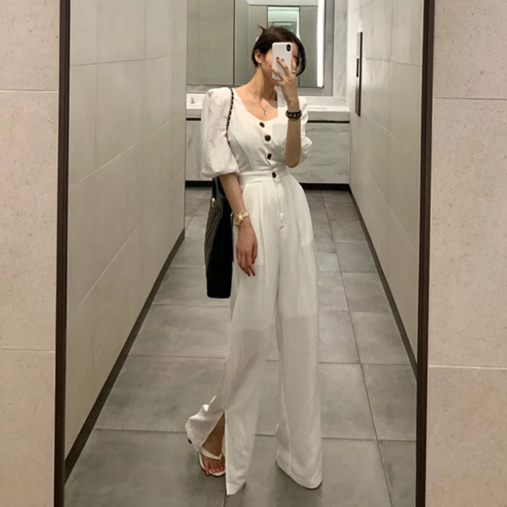 Elegant Slim Women Short Sleeve Square Neck Jumpsuits Office Lady Bodysuit Long Pants Casual Playsuit Solid Color Autumn Fashion |