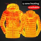 Мужские зимние теплые куртки с подогревом на 9 мест, стеганые куртки с USB-подогревом, умный термостат, однотонная водонепроницаемая одежда с капюшоном и подогревом