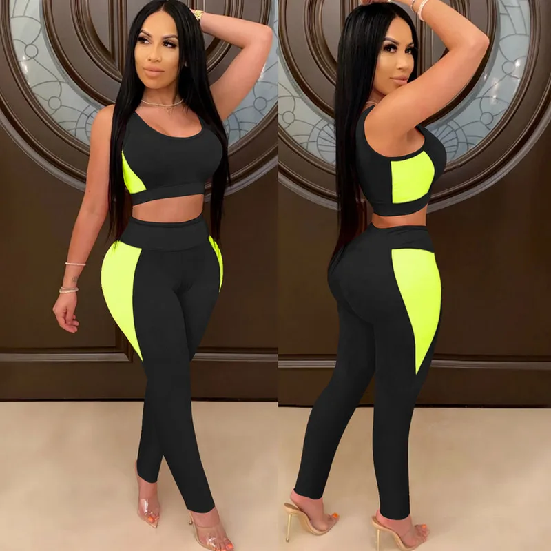 

2020 Sport Two Piece Set Womens Patchwork Sleeveless Short Tops Elastic Wear Trousers Leotard Stretch 2Pcs Set Outdoor Tracksuit