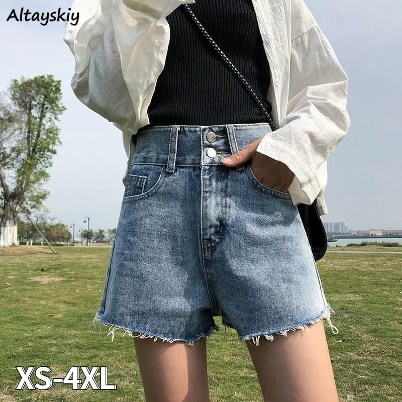 

Women Denim Shorts Double-button Summer Sexy Loose Distressed All-match Wide-leg Trousers Retro Casual Simple Girls Fashion Ins