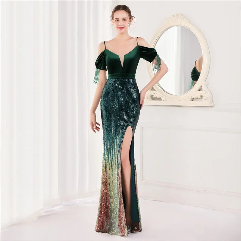 2022 Fashion Velvet Sling Prom Dresses Slash Neck Sequined Split Fork Evening Dress For Women Party Long Proms