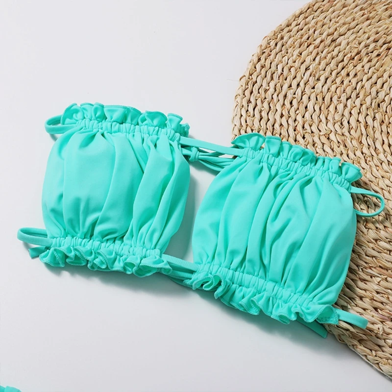 2021 NEW Women Sexy 2pcs Bikini Set Ruched Strapless Hollow Out Bandeau Swimsuit Side Tie Low Waist Solid Color Bathing Suit | Женская