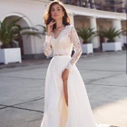 Платье свадебное кружевное с V-образным вырезом и длинным рукавом, элегантное пляжное платье невесты с шифоновый, с разрезами по бокам, Цвет Белыйслоновой кости, на заказ, 2020, 2 штуки