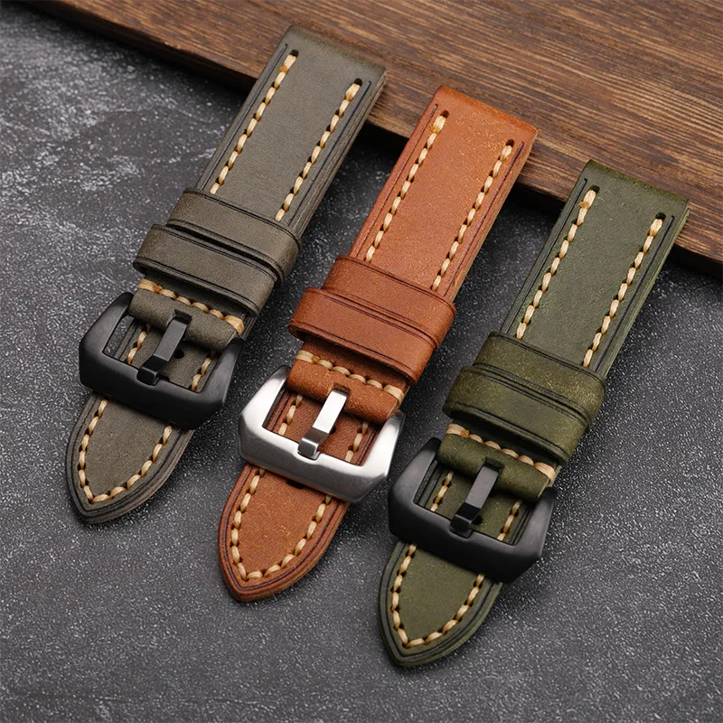 Genuine Leather Watch Strap 20mm 22mm 24mm 26mm Cowhide Watchband Belt High Quality Handmade Vintage Brown Army Green Wristband