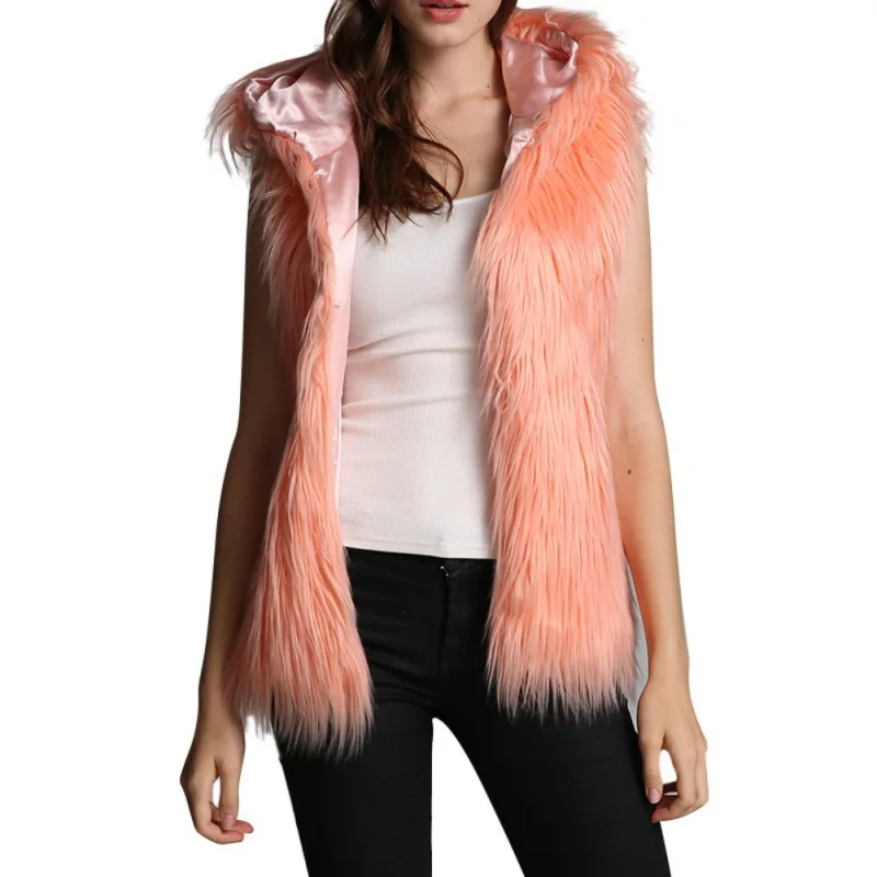 

ETOSELL Women Faux Fur Vest Autumn Winter Solid Black Outwear Coat Warm Sleeveless Hooded Vest Tops Warm Short Jacket Coat