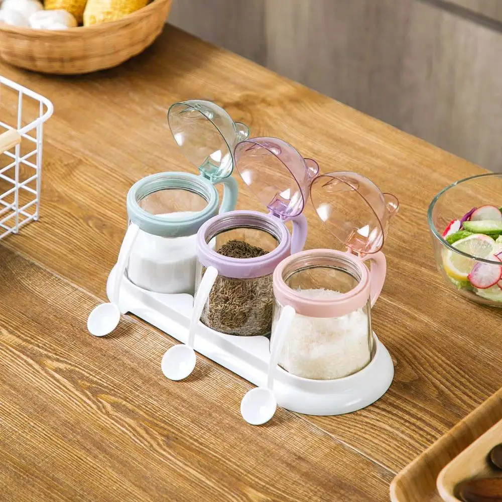 

3PCS Bear Spice Seasoning Pot Set Spice Bottles Jars BBQ Condiment Home Kitchen Cruet Food Organizer Cute Large Capacity Tools