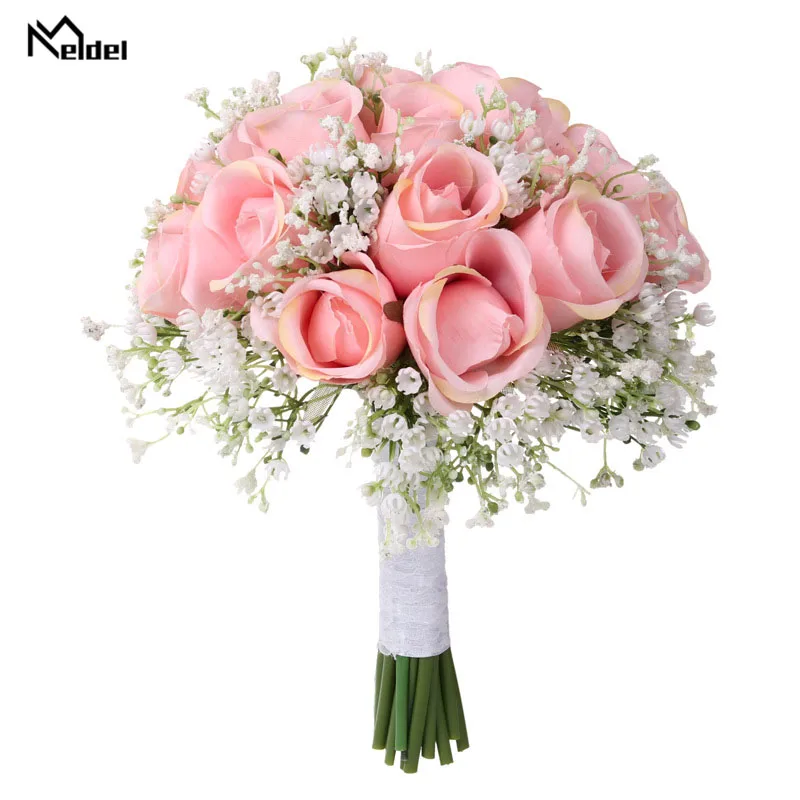 

Meldel Bouquet Bride Wedding Bouquet Bridesmaid Artificial Silk Rose Flower Fake Baby’s Breath Pink Party Prom Wedding Supplies