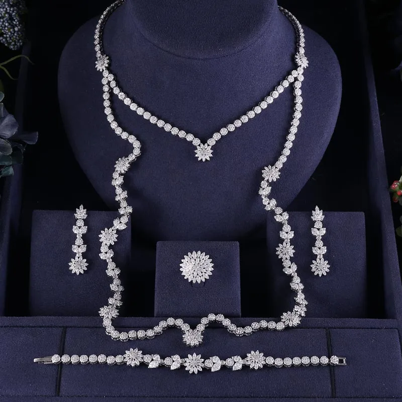 janeklly trendy Wedding Necklace Earrings For Women Accessories Flower Cubic Zirconia Bridal Jewelry Sets