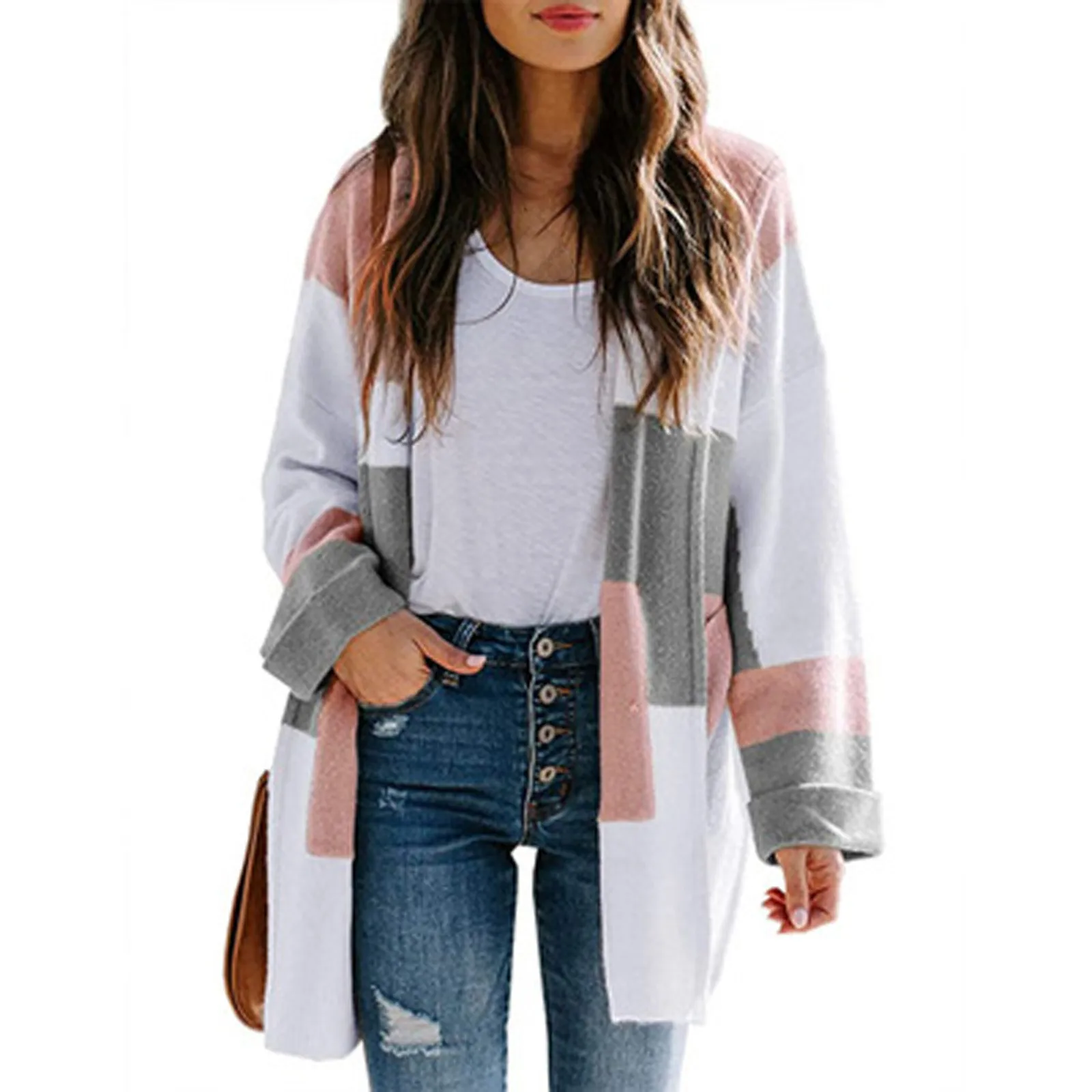 

Winter New Style Women Leisure All-Match Lrregular Square Stitching Sweatshirt Long Sleeve Hooded Knitted Jacket Tops