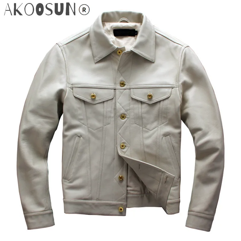 

2021 Men's Genuine Leather Jackets White Cowhide Motorcycle Jackets Autumn Casual Leather Coat for Male