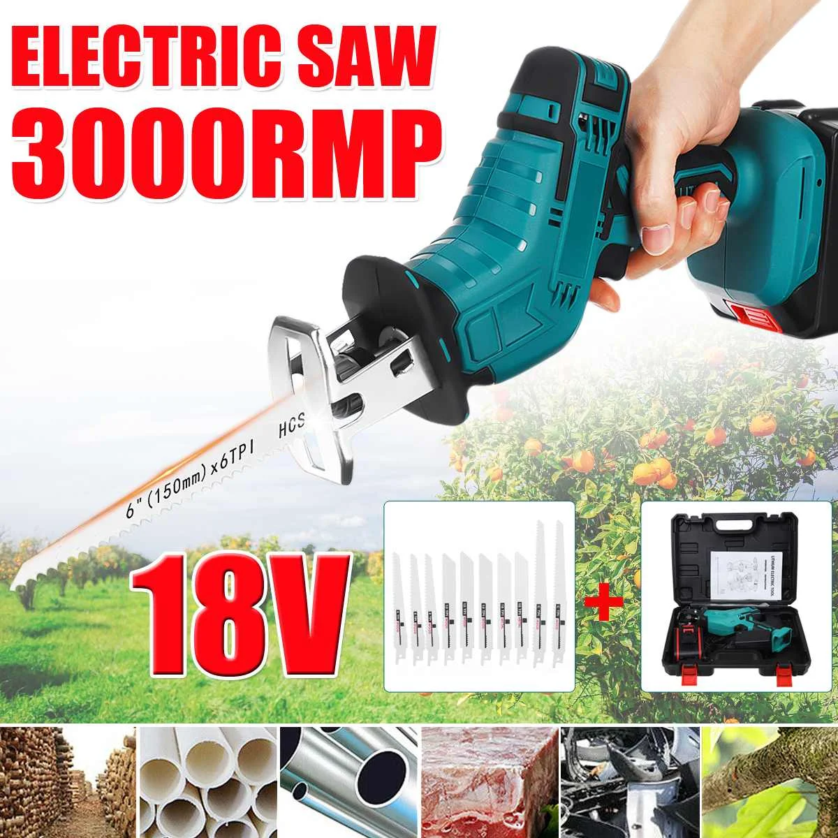 

Rechargeable Cordless Reciprocating Saw 18V Adjustable Speed Electric Saw Wood Cutting Tool Kit with 1Li-ion Battery+4 Saw Blade
