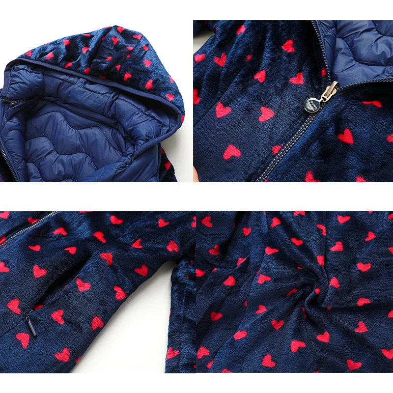 

KOCMOC Girls Flannel Detachable Cap Double Side Down Jacket Outerwear Warm Kids Cotton Coats For Age 8-16 Years Old 97655