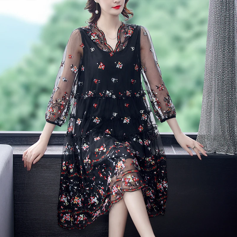 Women Loose Red Floral Mesh Embroidery Midi Dress 2021 Summer Vintage 5XL Plus Size Casual Dress Elegant Bodycon Party Vestidos