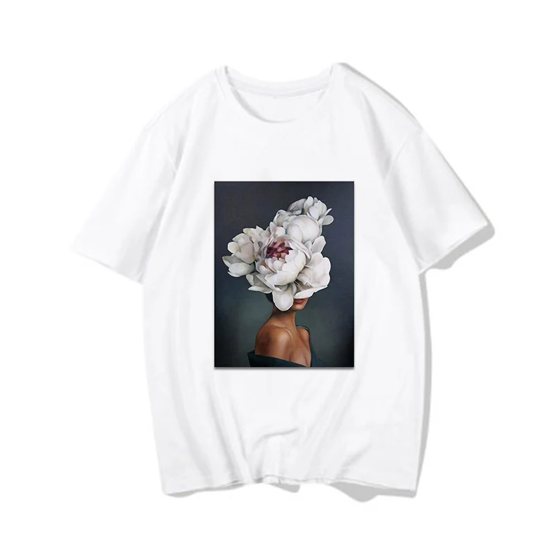 

Harajuku Aesthetic Feather Fashion Women's T Shirts O Neck Short Sleeve Tee Shirt Casual Women Clothing Flowers Printing T-shirt