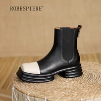robespiere 2021 winter new leather womens shoes thick soled womens winter boots square toe color matching martin boots b324