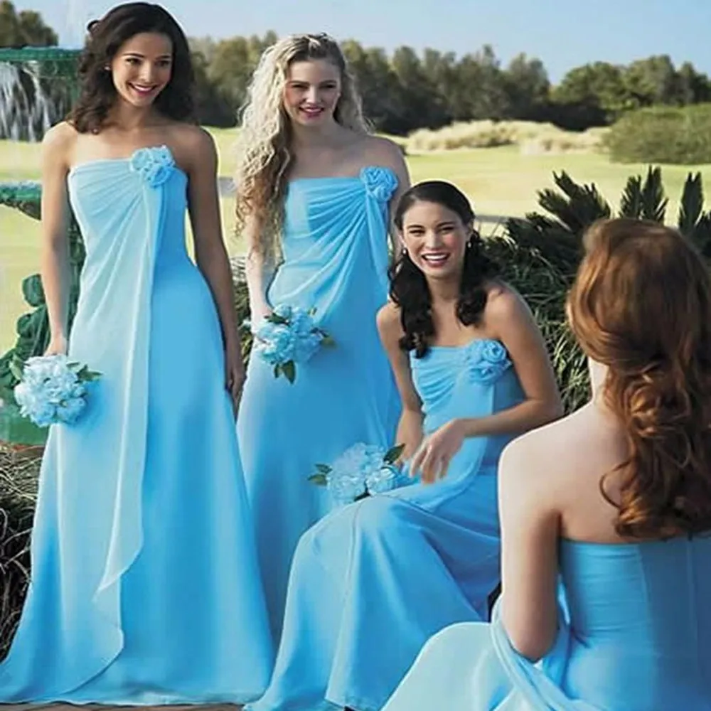 

Long Wedding Party Brides Maid Gowns Vestido De Chiffon Light Aqua Blue Bridesmaid Dresses For Bridesmaids HJ456