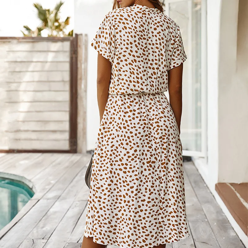

Dots Print White Summer Dress Women 2021 New Short Sleeve Tunic Vintage Midi Dress Casual Holiday Boho Beach Dress Vestidos