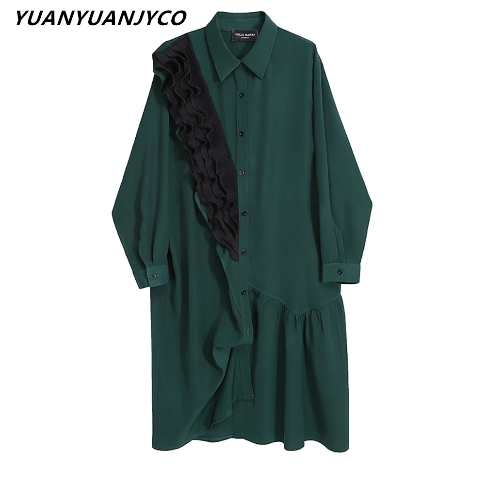 

YUANYUANJYCO, весна-осень, женская уличная одежда средней длины, рубашки, модное прямое асимметричное платье с оборками и длинным рукавом