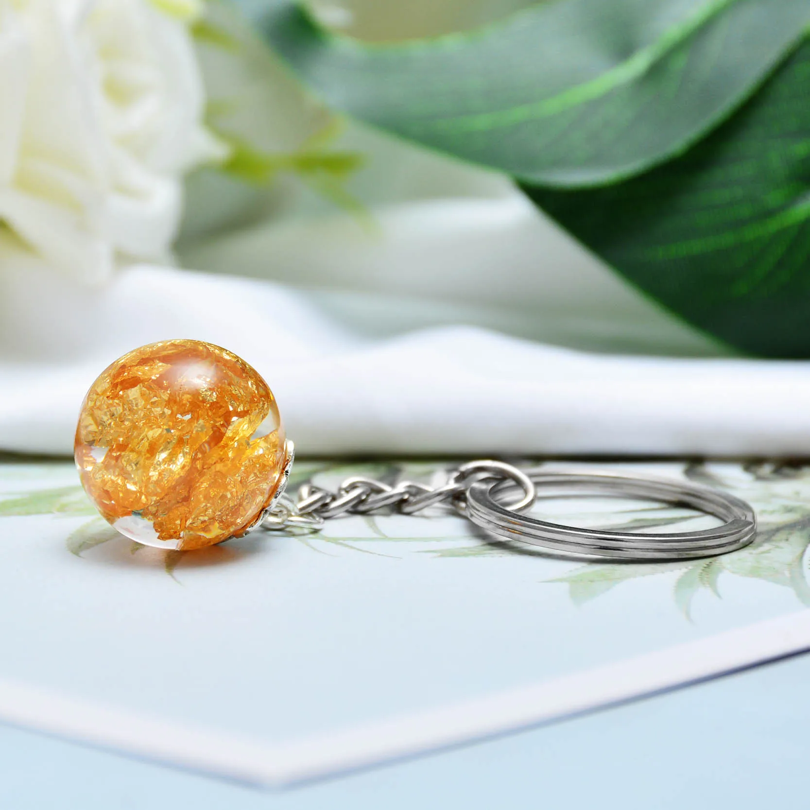 Trendy Resin Ball Key Chain Gold Color Foil Paper Inside Rings Holder For Women Men Birthday Gift Drop Shipping | Украшения и