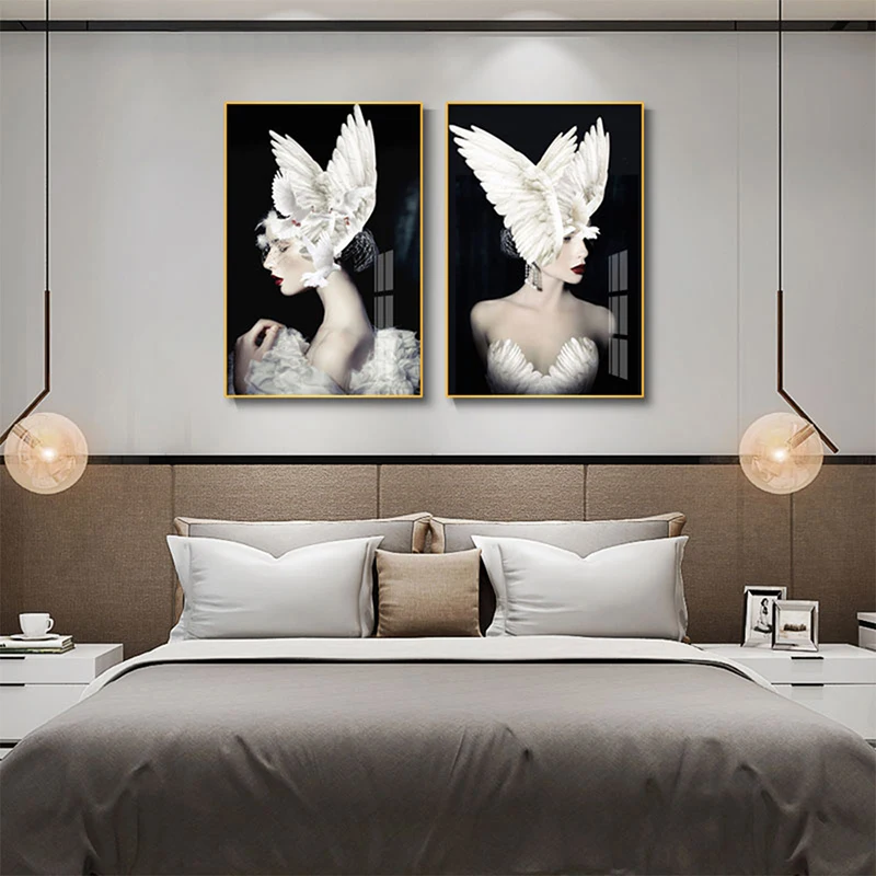 Скандинавский плакат женщина голубь шляпа с изображением крыльев Ангела черный