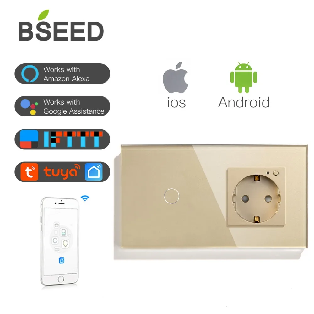 BSEED 16A Wi-Fi сенсорный выключатель 1 комплект ЕС Стандартный ЕС розетка с 3 цвета Кристалл Стекло Панель Умный переключатель