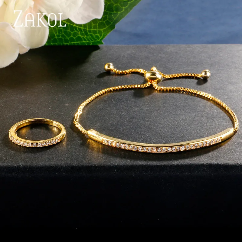 Gold set ZAKOL новости регулируемый браслет кольцо Набор для женщин пленительный бар слайдер Блестящий CZ циркония ювелирные изделия Pulseira Feminia FSSP3019 - Окраска металла: Gold set