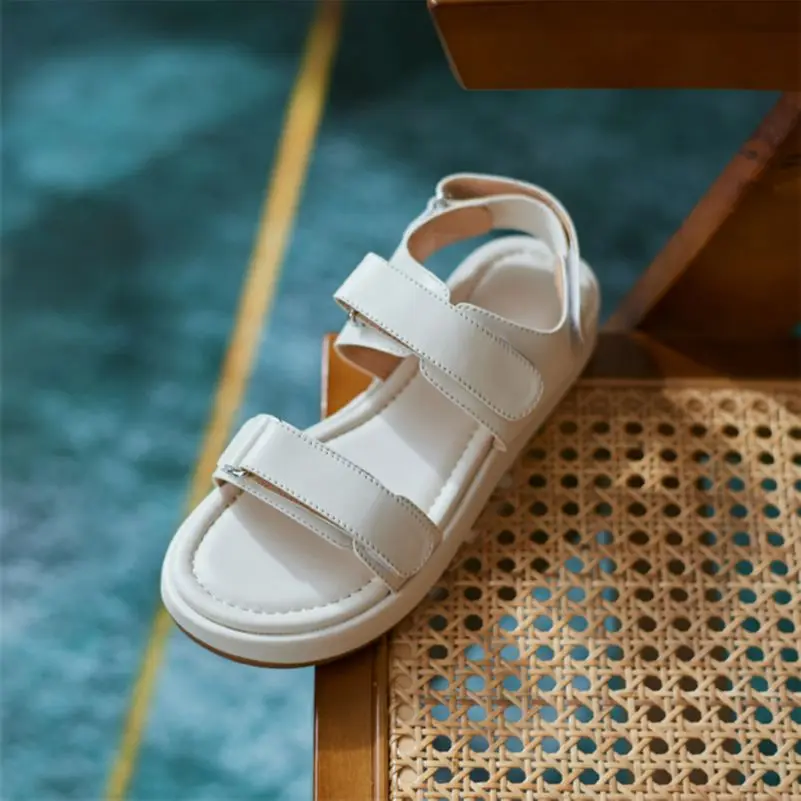 

Meotina Shoes Women Genuine Leather Sandals Flat Sandals Round Toe Cow Leather Ladies Footwear Summer Apricot Beige 2021 Fashion