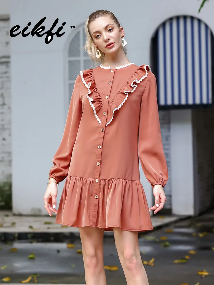 Платье женское винтажное однотонное с длинным рукавом свободное Повседневное