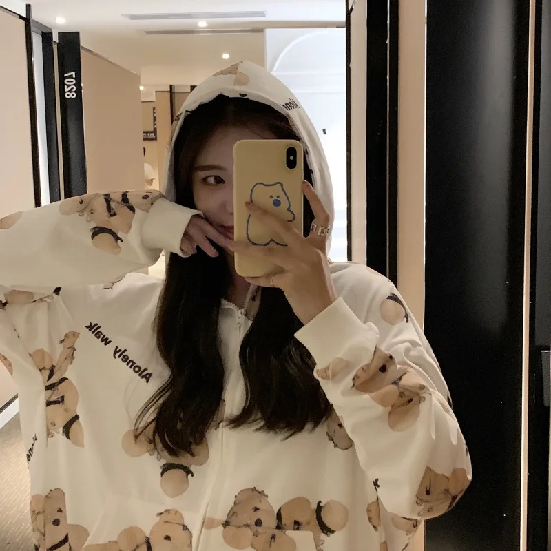

Autumn New Printed Bear Hooded Women Sweatshirt Kawaii Loose Korea Style Bf Coat Zipper Sweet Harajuku Hoodie Fashion Clothes