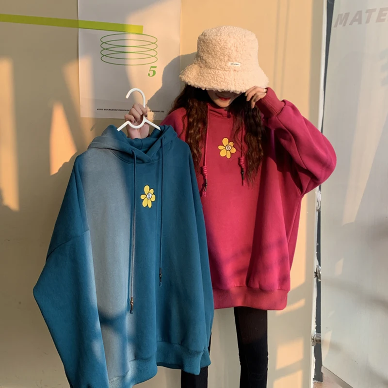

Floral Loose Sweet Style Hooded Korean Clothes Oversize Hoodies Women Fashion Brand Ulzzang Sweatshirts Autumn Winter Ins New
