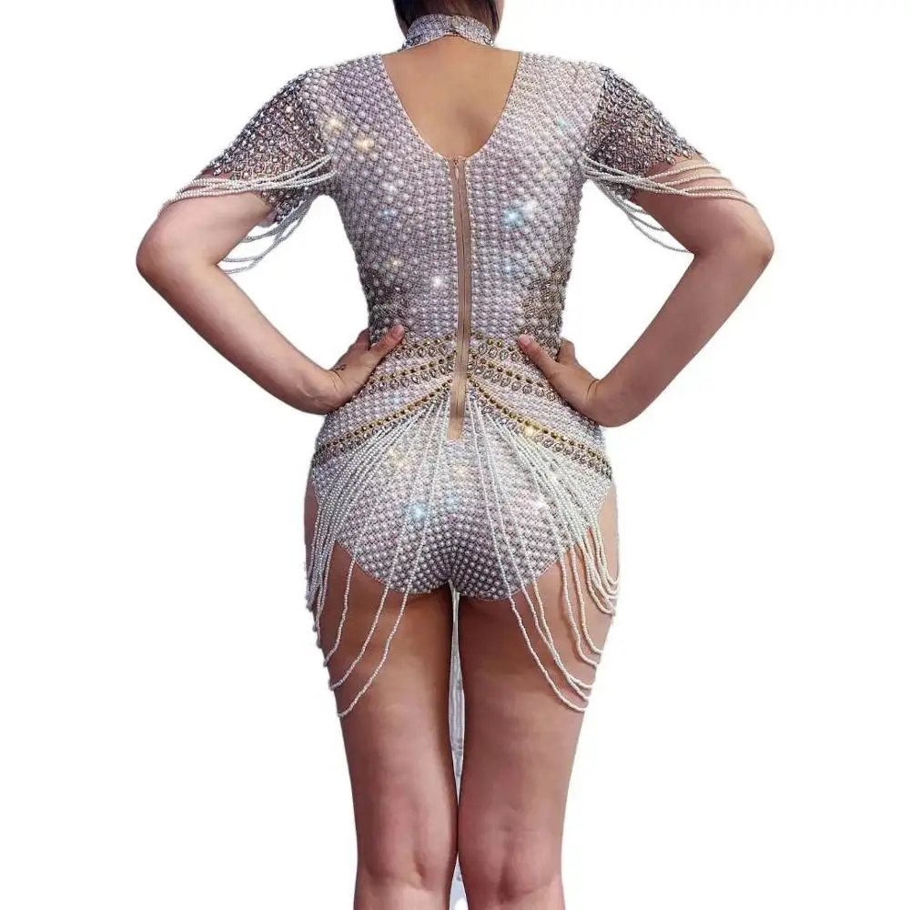 

Full Rhinestones Beading Fringe Bodysuit Pearl Beads Leotard Dance Costume Women DJ Singer Tour Concert Performance Stage Wear