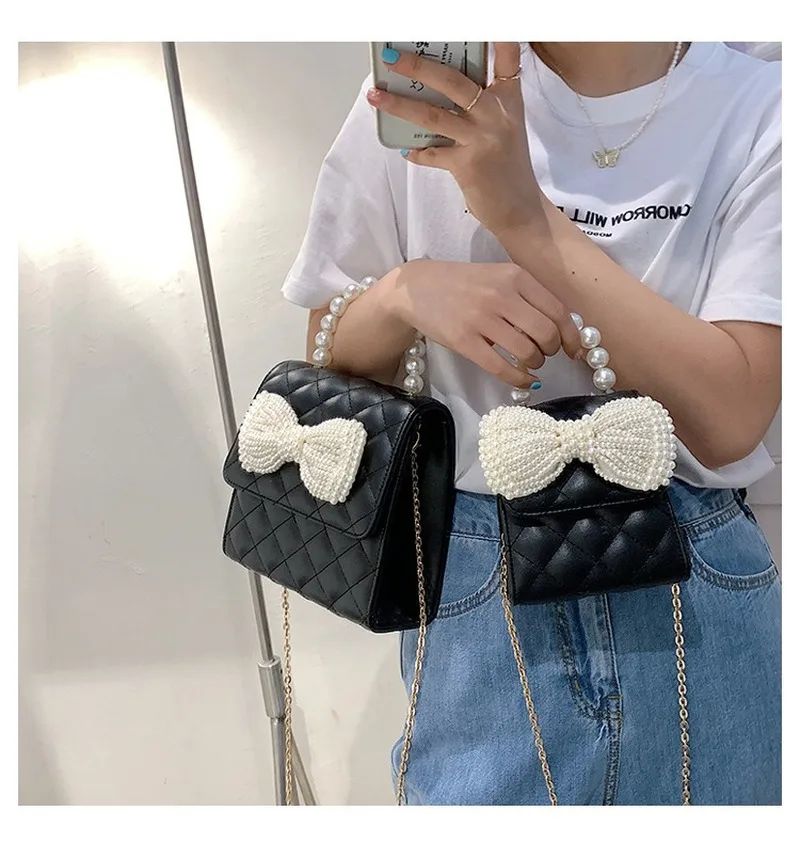 

High Quality Rhombic Chain Bag Women 2021 New Trendy Fashion Ladies Pearl Messenger Bag Western Style Simple Mini Square Bag
