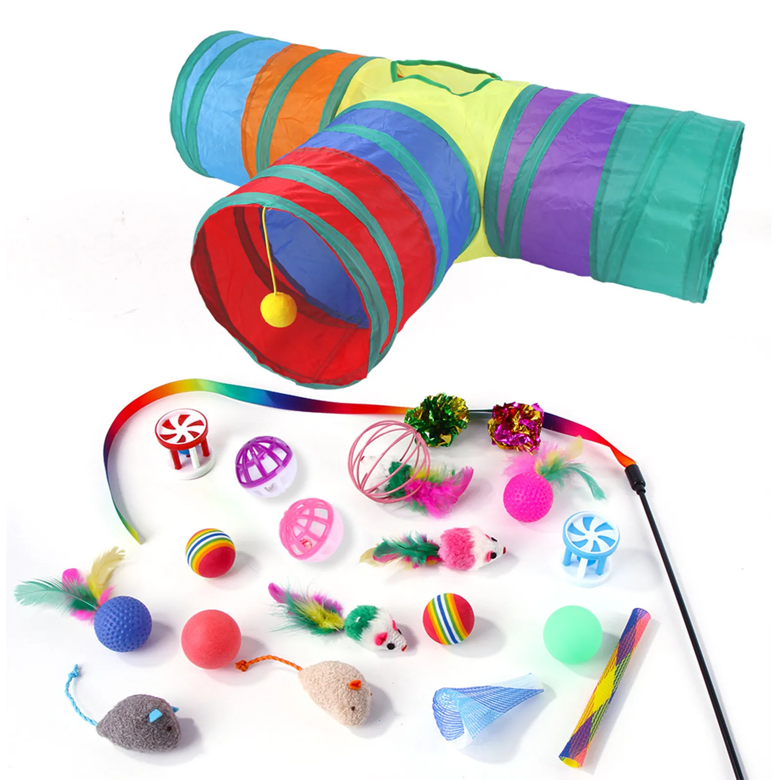 

21PC Cat Toy Set cat Rainbow Tunnel/Funny Cat Stick/mouse doll/bell Pet shop home Indoor Interactive Kitten Gift pet Toy