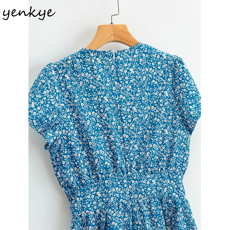 

YENKYE Vintage Floral Print Jumpsuit Women Sexy V Neck Short Sleeve Holiday Beach Jumpsuit Summer Short Romper Mono Mujer
