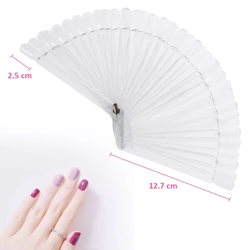 

50PCS Transparent Nail Color Board Fan-shaped Nail Art Tips Nail Polish Display Board Practice Sticks With Metal Screw Holder