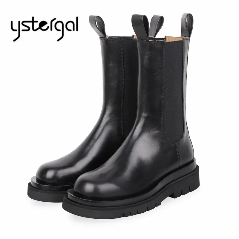 

Ystergal Genuine Leather Women Chelsea Boots Thick Sole Platform Ankle Boots Slip-on Flat Botas Mujer Ladies Short Booties