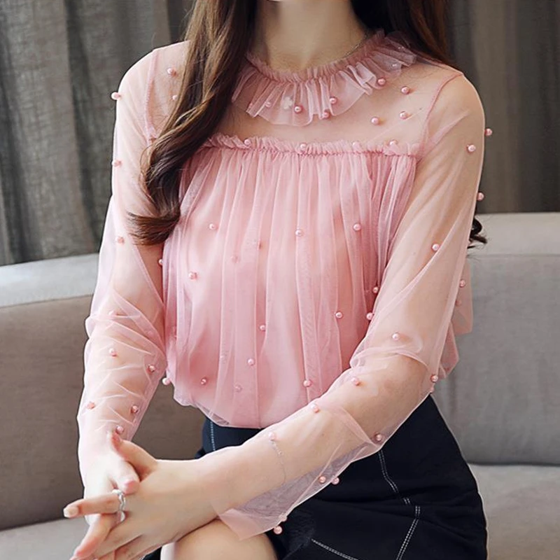 

Sweet Women Tops Blouse Lace Mesh Chiffon Women's Shirt Fashion Women Tops Female Beading Long Sleeve Blusa Feminina