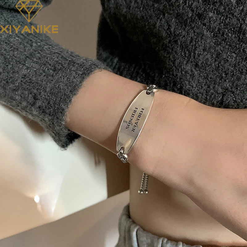 

XIYANIKESilver Color Oval Brand Letter Bracelet Female 2021 New Fashion Adjustable Forever Friend Retro Bangle Wholesale