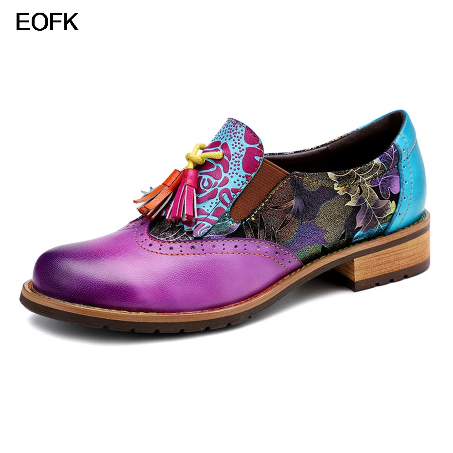 

EOFK Women Loafers Vintage Tassel Flats Oxfrods Shoes Women Casual Student Genuine Leather Brogues Shoes Lady