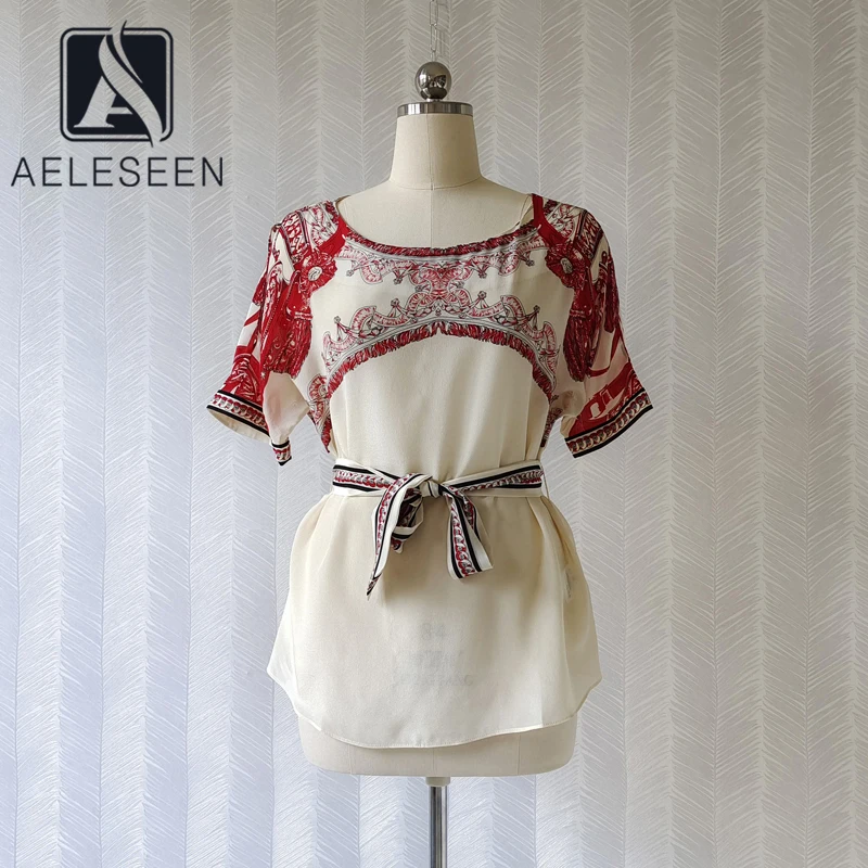 AELESEEN Designer Fashion 100% Silk Tees 2022 Women Flower Print High Quality O-Neck Short Sleeve Caausl T-Shirt